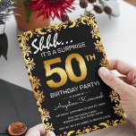Stilvolle Black & Gold 50. Überraschung Geburtstag Einladung<br><div class="desc">Stilvolle Schwarz-Gold-Überraschungs-Geburtstagsfeier mit einer verzierten Goldgrenze,  großen Goldzahlen des Alters und einer leicht anpassbaren Geburtstagsvorlage.</div>