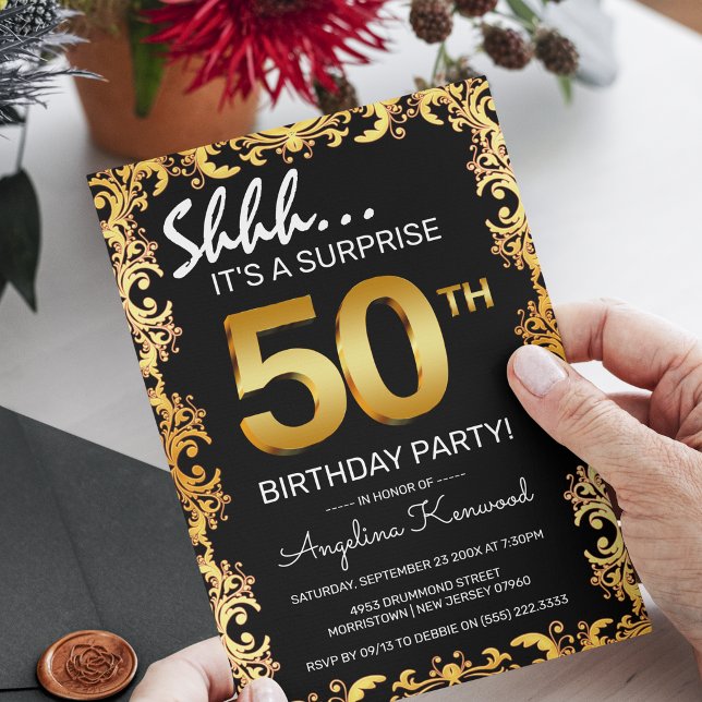 Stilvolle Black & Gold 50. Überraschung Geburtstag Einladung (Von Creator hochgeladen)