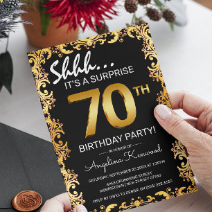 Stilvolle Black & Gold 70. Überraschung Geburtstag Einladung