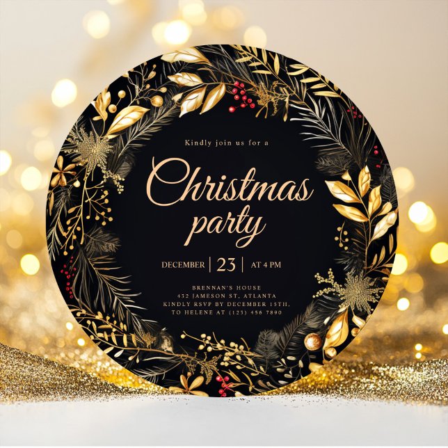Stilvolle Black Gold Elegante Weihnachtsfeier Einladung (Stylish Black Gold Elegant Christmas Holiday Party Invitation)