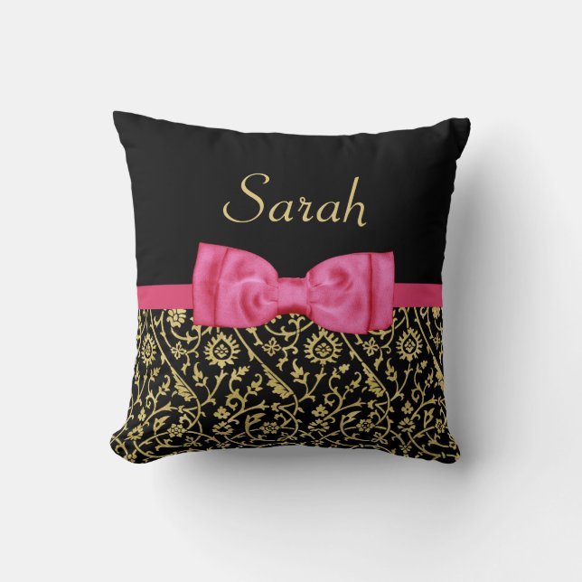 Stilvolle Black Gold Floral Damask Pink Bow und Na Kissen (Vorderseite)
