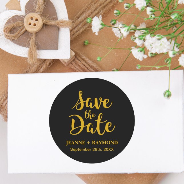 Stilvolle Black Gold Foil Wedding Save the Date Runder Aufkleber (Von Creator hochgeladen)