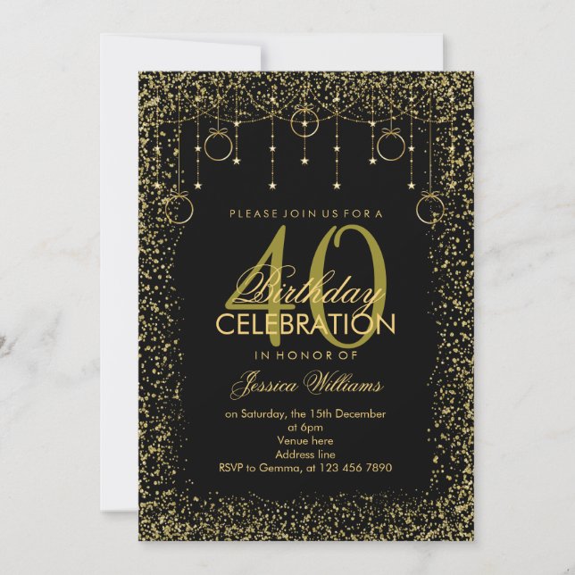 Stilvolle Black & Gold Glitzer Dekoration Geburtst Einladung (Vorderseite)