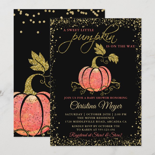 Stilvolle Black Gold Glitzer Pumpkin Baby Dusche Einladung (Vorne/Hinten)
