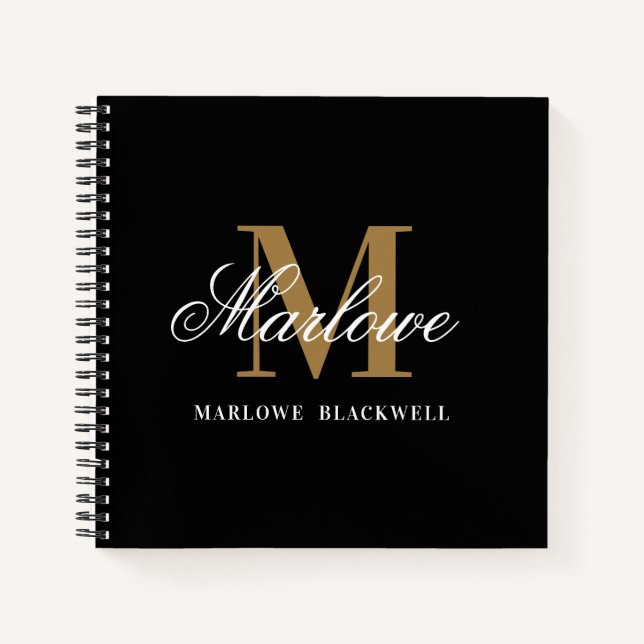 Stilvolle Black Gold Monogram Calligraphie Notizbuch (Vorderseite)