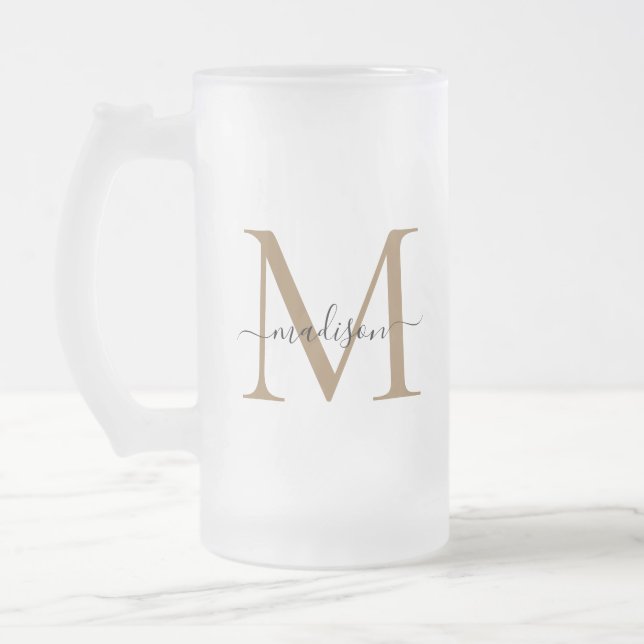 Stilvolle Black Gold Monogram Eleganter Skriptname Mattglas Bierglas (Links)