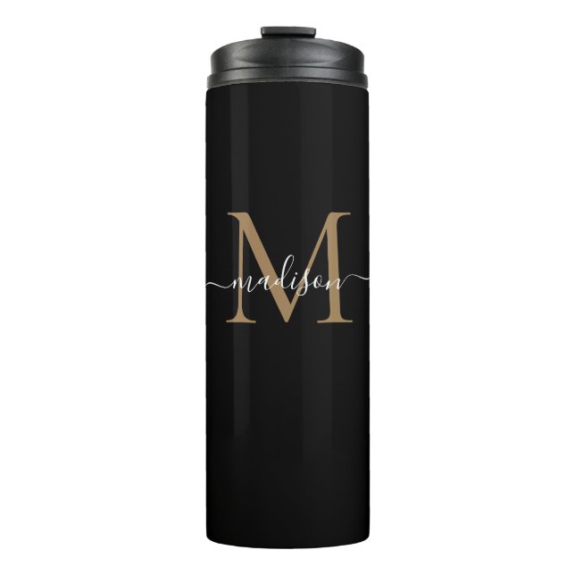 Stilvolle Black Gold Monogram Girly Script-Fitness Thermosbecher (Vorderseite)