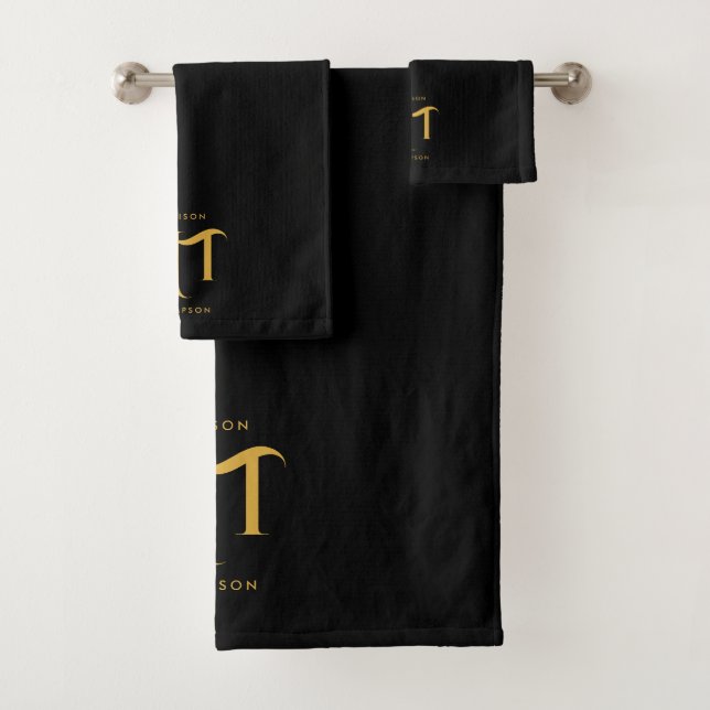 Stilvolle Black & Gold Monogram Initials Letters Badhandtuch Set (Insitu)