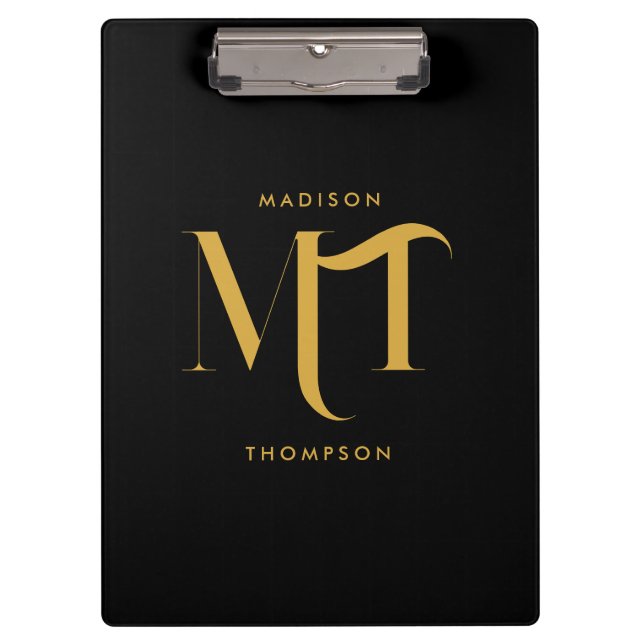 Stilvolle Black & Gold Monogram Initials Letters Klemmbrett (Vorderseite)