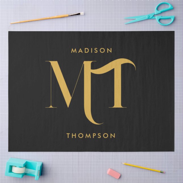 Stilvolle Black & Gold Monogram Initials Letters Seidenpapier (Basteln)