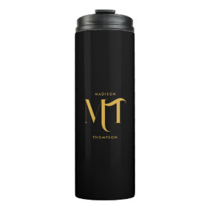 Stilvolle Black & Gold Monogram Initials Letters Thermosbecher