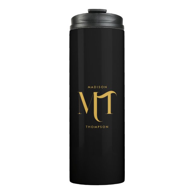 Stilvolle Black & Gold Monogram Initials Letters Thermosbecher (Vorderseite)