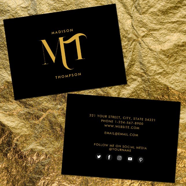 Stilvolle Black & Gold Monogram Social Media Icons Visitenkarte (Von Creator hochgeladen)