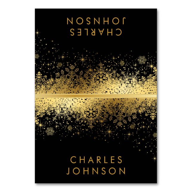 Stilvolle Black & Gold Schneeflocken | PLATZKARTEN Tischnummer (Vorderseite)