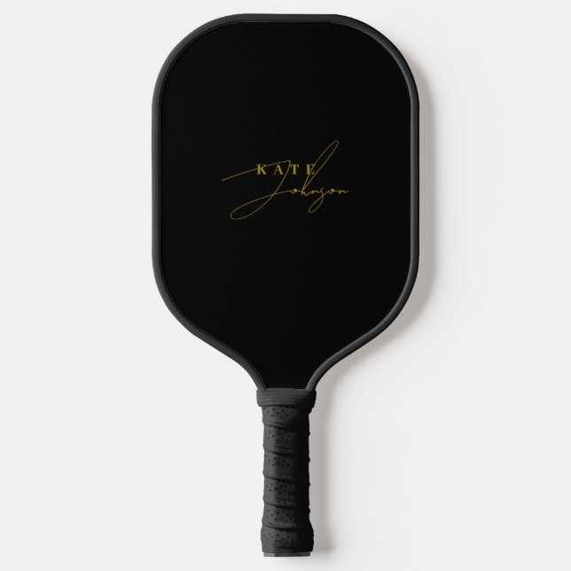 Stilvolle Black Gold Signature Script Monogram Pickleball Schläger (Vorderseite)