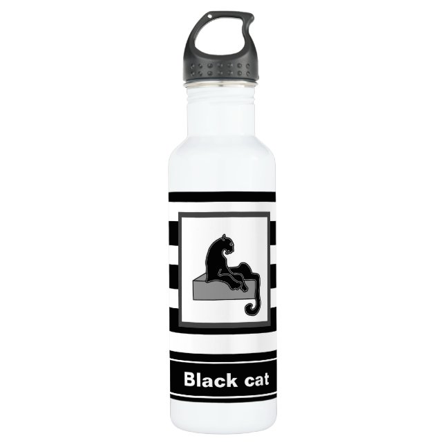 Stilvolle Black Panther Cat White Moderne Edelstahlflasche (Vorderseite)