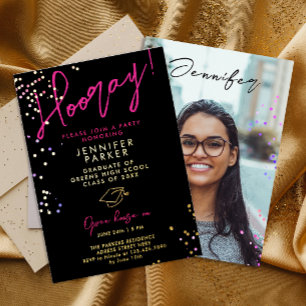 Stilvolle Black Pink Glitzer School Grad Foto Folieneinladung