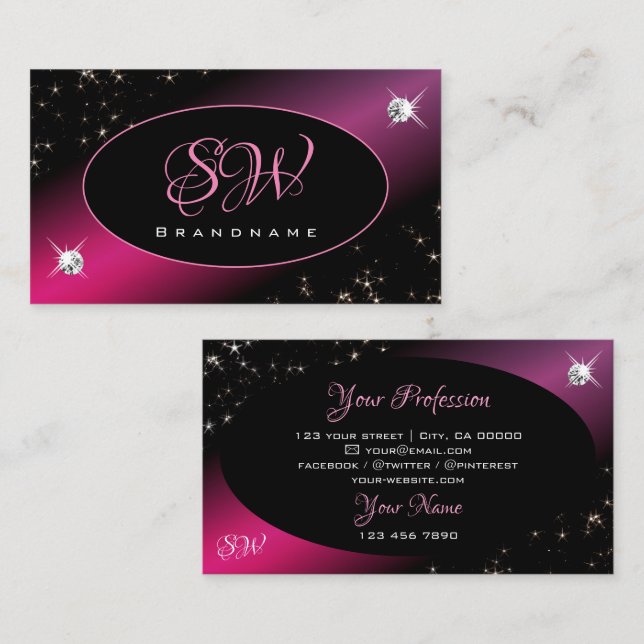 Stilvolle Black Pink Glitzer Stars Diamonds Initia Visitenkarte (Vorne/Hinten)