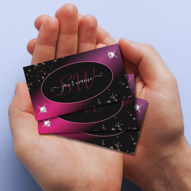 Stilvolle Black Pink Glitzer Stars Diamonds Monogr Visitenkarte (Von Creator hochgeladen)