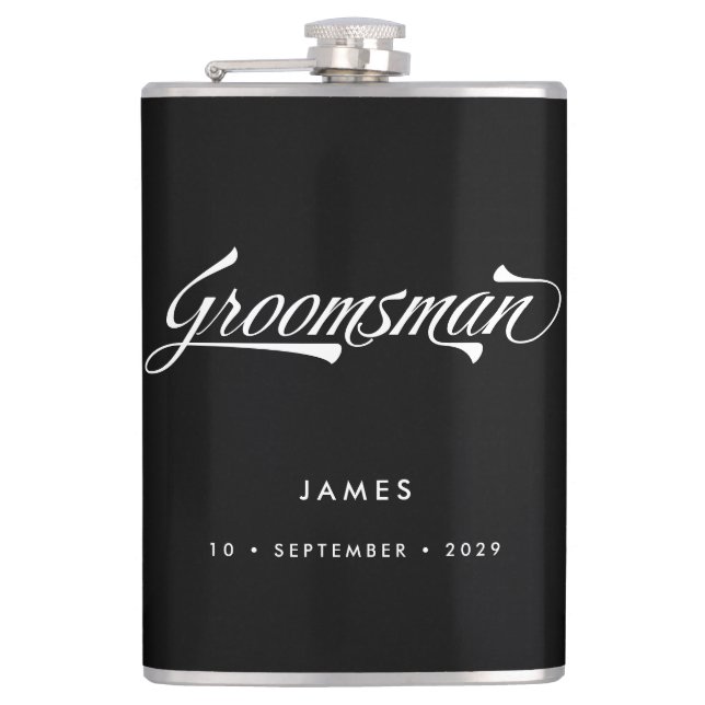 Stilvolle Black Retro Typografy Trauzeuge Hochzeit Flachmann (Vorderseite)