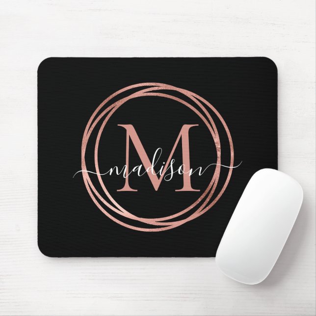 Stilvolle Black Rose Gold Blush Pink Monogram Circ Mousepad (Mit Mouse)