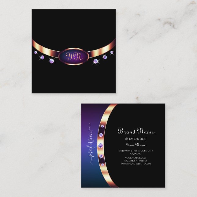 Stilvolle Black Rose Gold und Lila mit Initials Quadratische Visitenkarte (Vorne/Hinten)