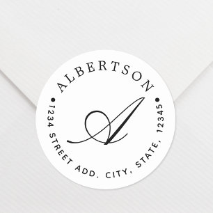 Stilvolle Black Script Monogram Familienname-Adres Runder Aufkleber