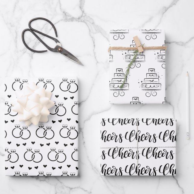Stilvolle Black & White Bridal/Polterabend Geschenkpapier Set (Vorderseite)