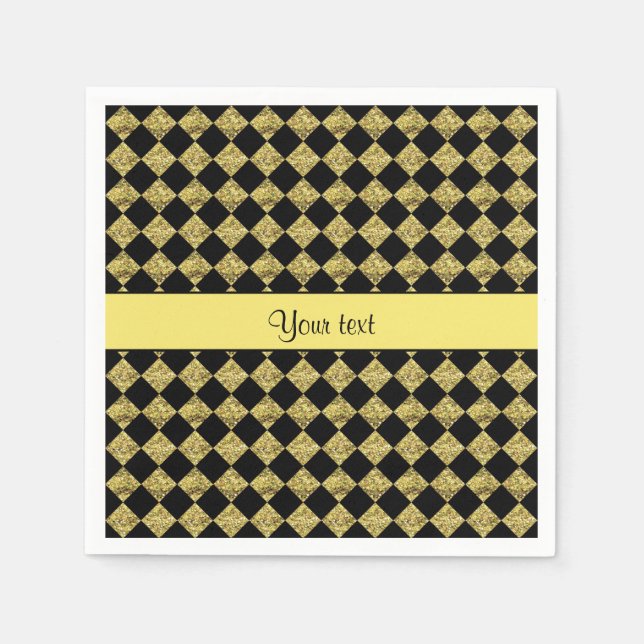 Stilvolle Black & Yellow Glitzer Schachbretts Serviette (Vorderseite)