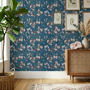 Stilvolle Blätter aus Rosa und Goldstein auf blau Tapete