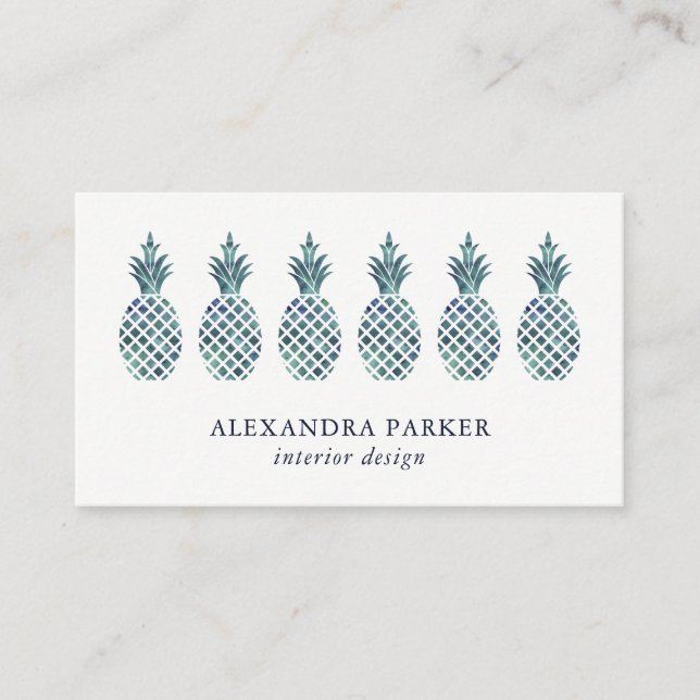 Stilvolle blaue Aquarell-Blick-Ananas Visitenkarte (Vorderseite)