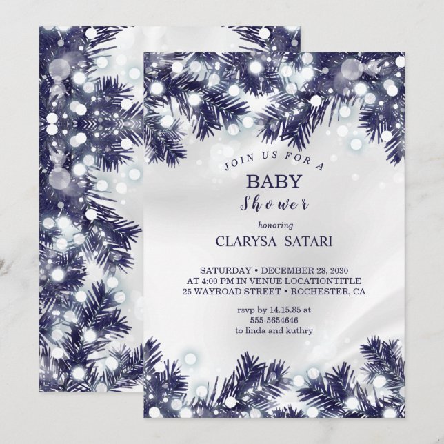 Stilvolle blaue Blume Lichtmuster Babydusche Einladung (Vorne/Hinten)
