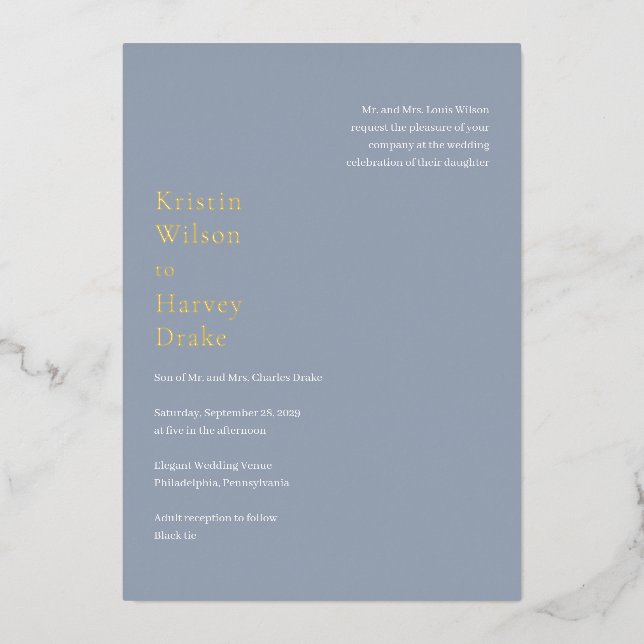 Stilvolle, blaue Hochzeit Folieneinladung (Vorderseite)