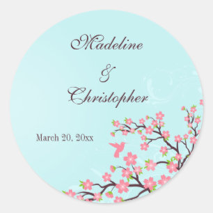Stilvolle blaue Rosa Kirschblüten Hochzeitsaufkleb Runder Aufkleber