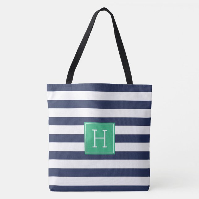 Stilvolle blaue Streifen und grüne Monogramm Tasche (Vorderseite)