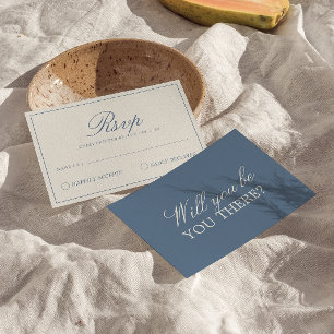 Stilvolle blaue und weiße alte Geld Retro-Hochzeit RSVP Karte