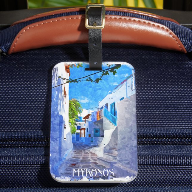 Stilvolle Blaue Weiße Mykonos Griechenland Wasserf Gepäckanhänger (Vorderseite Insitu 2)
