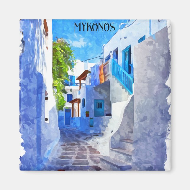 Stilvolle Blaue Weiße Mykonos Griechenland Wasserf Magnet (Vorne)
