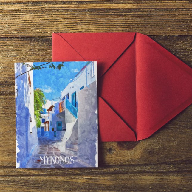 Stilvolle Blaue Weiße Mykonos Griechenland Wasserf Postkarte (mykonos greek island blue white postcard)
