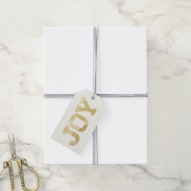 Stilvolle Block Schriftart Gold Glitzer Joy Modern Geschenkanhänger (Mit Garn)