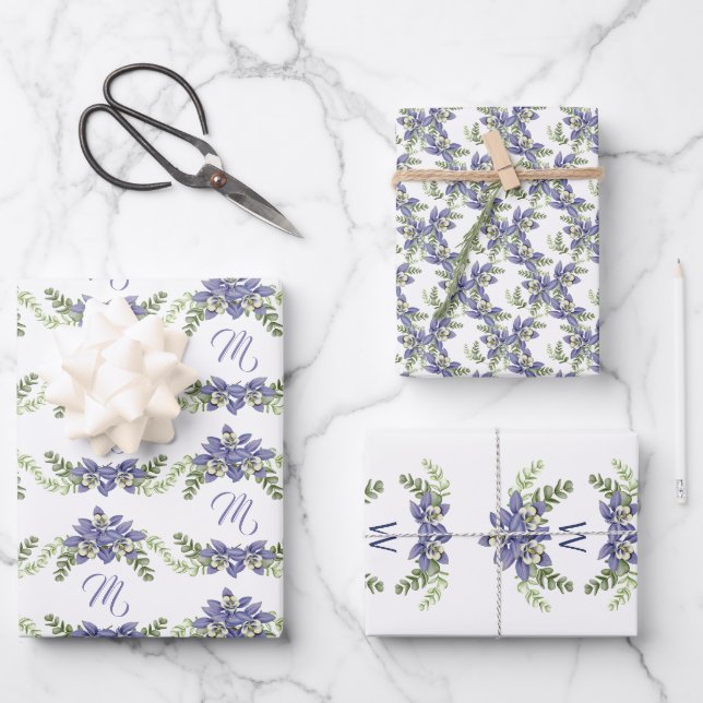 Stilvolle Blue Columbine Floral Watercolor Wrappin Geschenkpapier Set (Vorderseite)