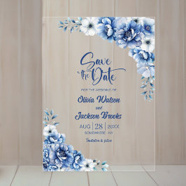 Stilvolle Blue Floral Wedding Save the Date Acryleinladungen