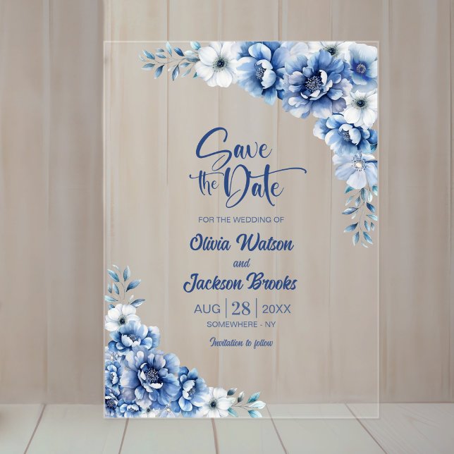 Stilvolle Blue Floral Wedding Save the Date Acryleinladungen (Von Creator hochgeladen)