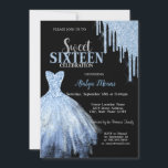 Stilvolle Blue Glitzer Tropfens Blue Dress Black Einladung<br><div class="desc">Elegantes blaues Kleid und blaue Glitzer Tropfen auf schwarzem Hintergrund.</div>