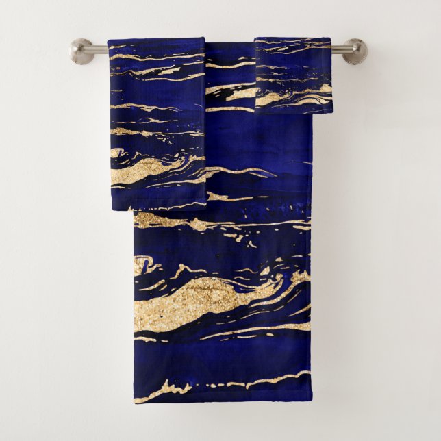 Stilvolle Blue Gold Abstrakt Marble Badhandtuch Set (Insitu)