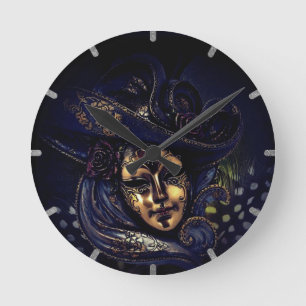 Stilvolle Blue Gold Venezianisch Carnival Maske Runde Wanduhr
