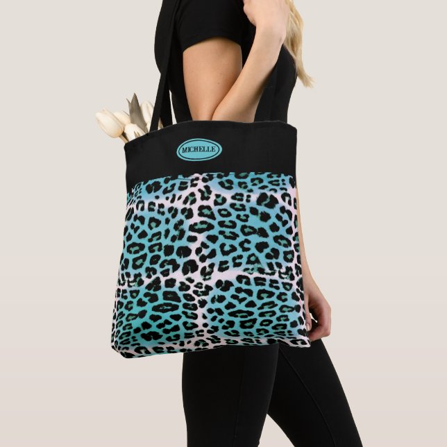 Stilvolle Blue Leopard Animal Print Personalisiert Tasche (Von Nahem)