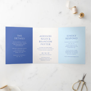Stilvolle Blue Modern Wedding Dreifach Gefaltete Einladung