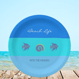 Stilvolle Blue Stripes Fish Muscheln Beach House Pappteller