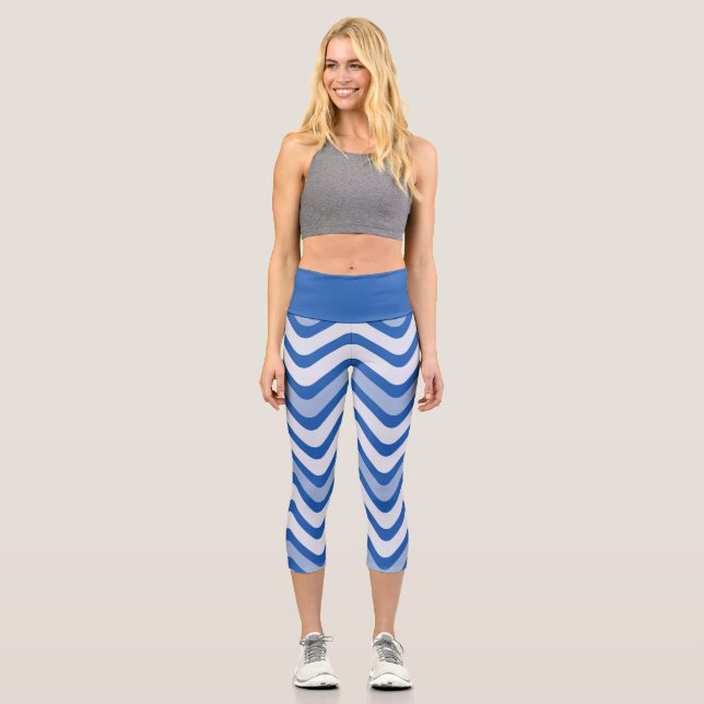 Stilvolle Blue Wavy Zickzack Pattern Yoga-Übungen Capri Leggings (Vorderseite)
